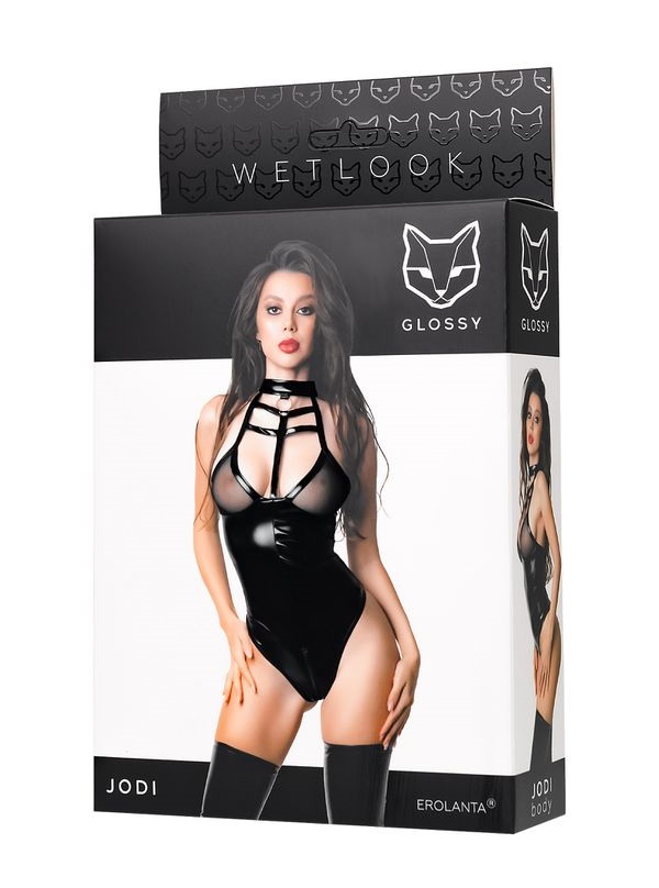 The Glossy Jodi Bodysuit has stappy detailing across the che... Glossy - Jodi Wetlook Bodysuit - Black - S photo-6
