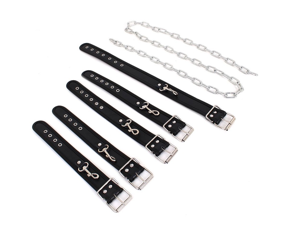Slave chain bondage, hand and ankle cuffs and a collar. This... Kiotos - Body Restraints Set - Black photo-3