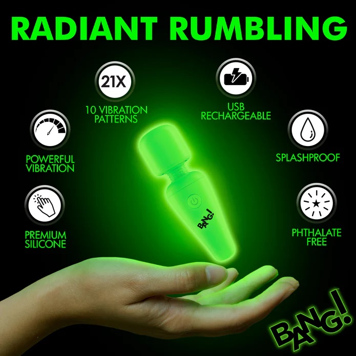 Enjoy this powerful, travel-friendly, glow-in-the-dark mini ... Bang! - 10X Glow Mini Wand Massager - Green photo-3