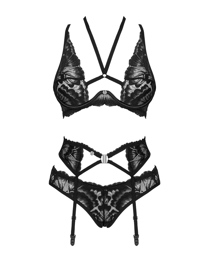 A feminine, black set with a garter belt from the Allesya co... Obsessive - Alessya Set 3 pcs - Black - M/L photo-8