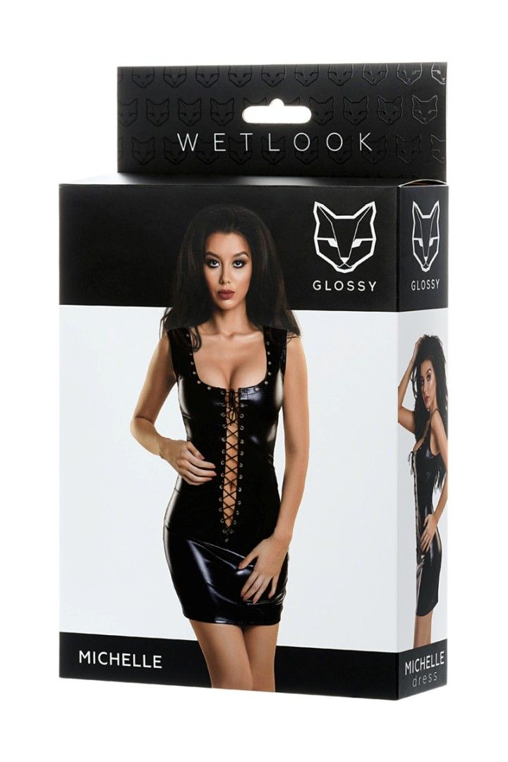 Dress with metal studs and lace-up front and back. The form-... Glossy - Michelle Wetlook Dress - Black - M photo-5