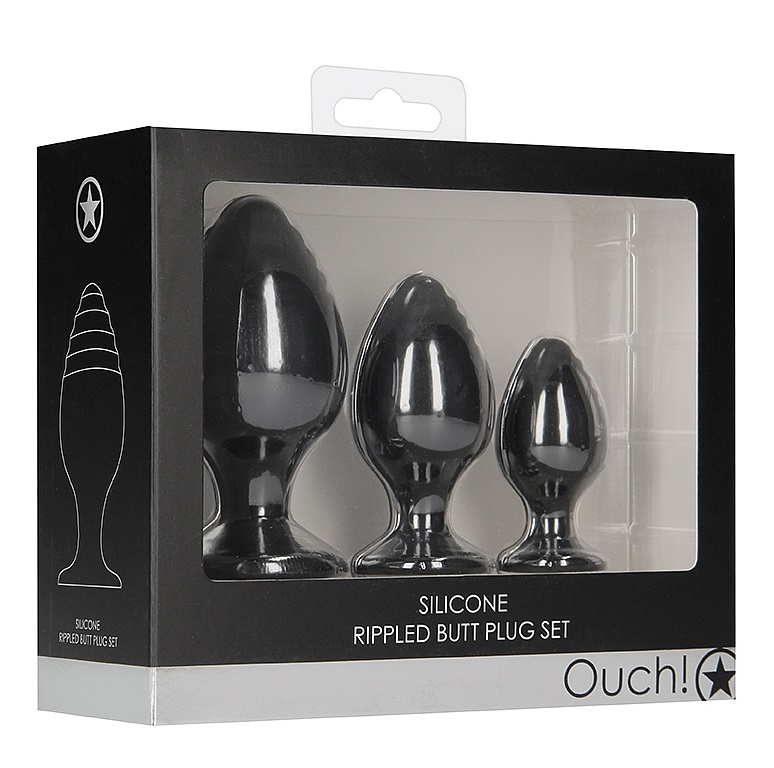 This butt plug is made of silky soft silicone and is tapered... Ouch - Rippled Butt Plug Set - Black photo-7