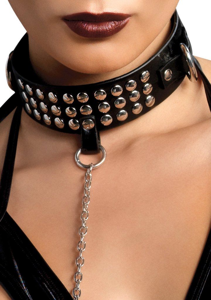Studded collar with attached chain and strap. Leg Avenue - Bondage Collar and Leash - Black photo-2