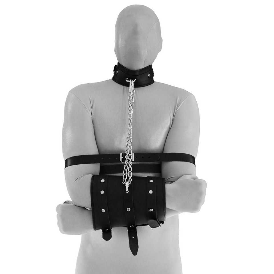 Experience the ultimate in BDSM play with this Large Leather... Kiotos - Double Leather Handcuffs w Collar photo-3