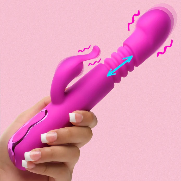 Indulge in dual pleasure with our Silicone Rabbit Vibe! Cove... Bang! - Thrusting Vibro Rabbit - Purple photo-2