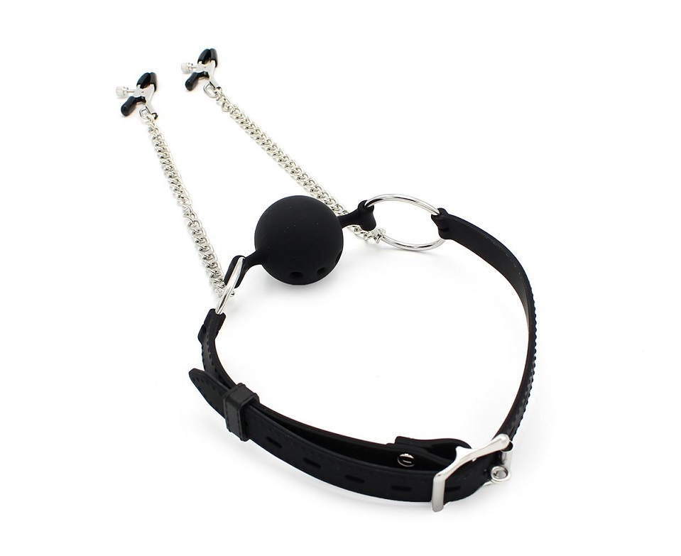 This 2-in-1 BDSM ball gag will have your partner acting like... Kiotos - Ball Gag w Nipple Clamps photo-2