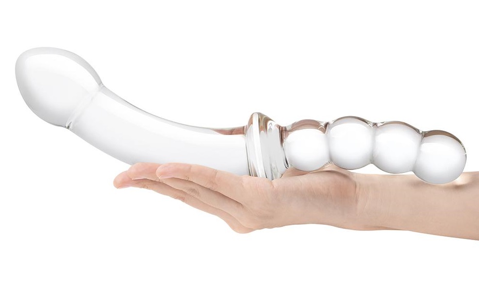 Experience profound pleasure with the Glas 12.5" Curved... Glas - 12.5" Girthy Double Dong w Anal Bead Handle photo-3