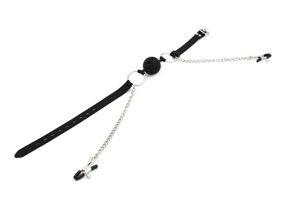 This 2-in-1 BDSM ball gag will have your partner acting like... Kiotos - Ball Gag w Nipple Clamps photo-4