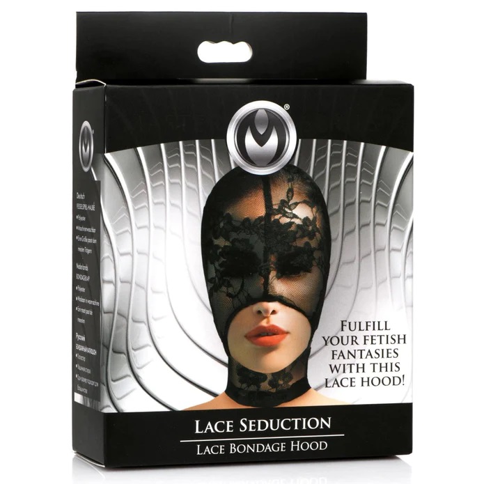 Don this delicate disguise and become the seductive submissi... Master Series - Lace Seduction Bondage Hood - Black photo-3