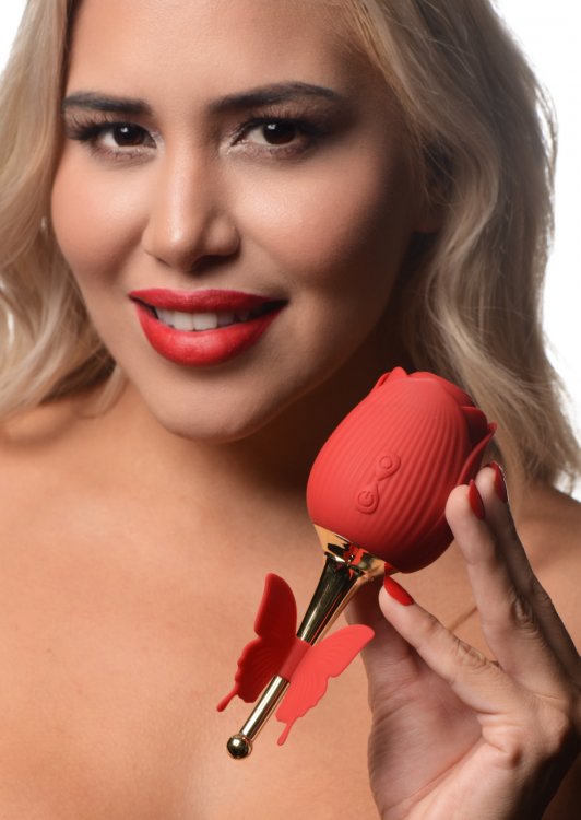 This fluttering butterfly, golden rod, and red rose are both... Bloomgasm - Flutter Rose Clitoral Sucker - Red photo-2