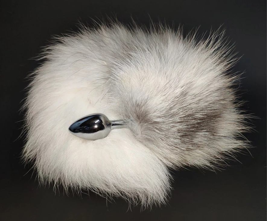 Real fur with medium silver metal anal plug MT - Real Fur Tail Plug - Grey photo-2