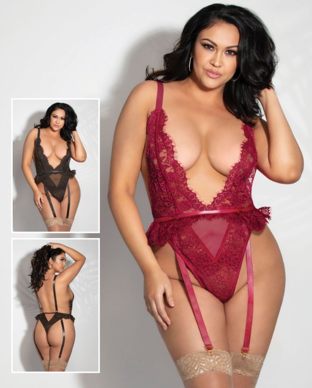Eyelash lace teddy with plunge front, adjustable straps, hig... STM - Camera Ready Teddy - Black - Queen Size photo-3