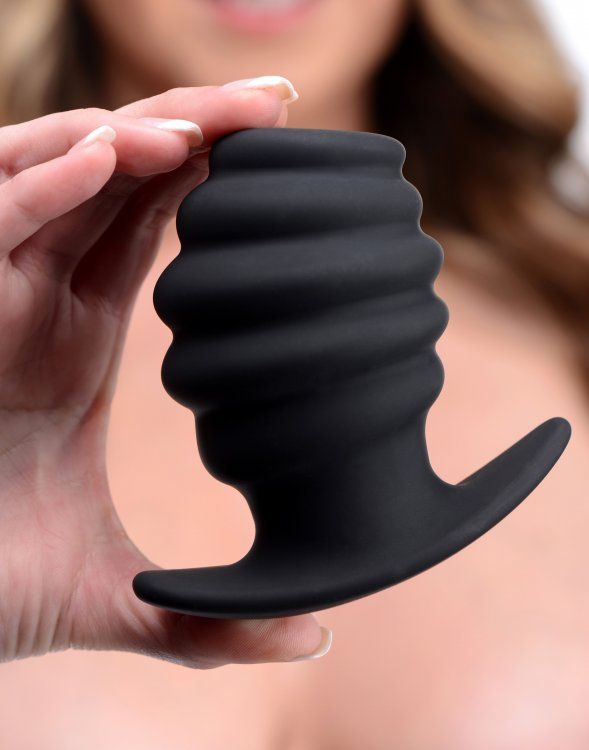 Ribbed for your anal pleasure, this hollow butt plug is avai... Master Series - Hive Ass Hollow Anal Plug L-size - Black photo-2