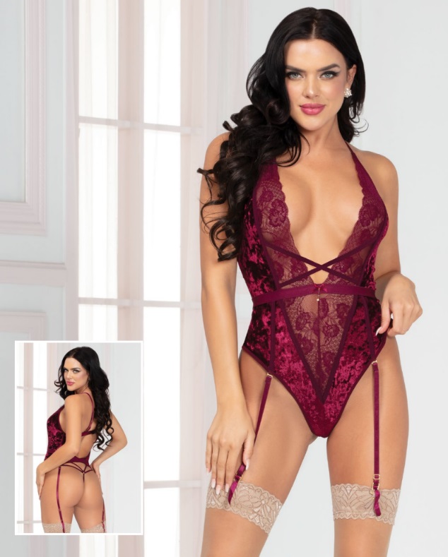 Velvet and lace teddy with plunging neckline, strappy thong ... STM - Velvet Crush Body - Wine - M photo-3