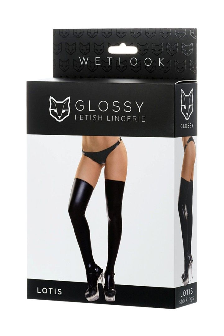 Stockings with imitation leather. Nice, soft Wetlook materia... Glossy - Lotis Wetlook Stockings - Black - L photo-4