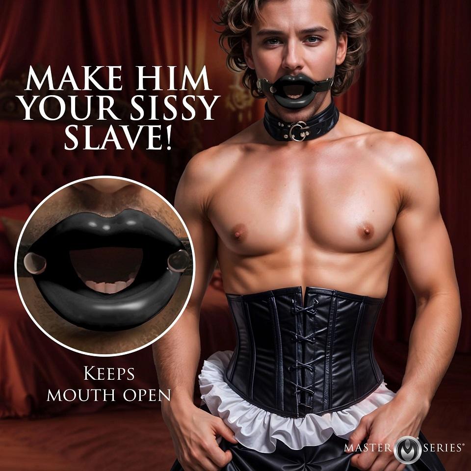 Excellent for sissy and bimbo play, this humiliating accesso... Master Series - Juicy Lips Open Mouth Gag - Black photo-4
