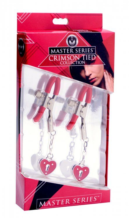 These easy to use clamps have a simple screw-down design, ac... Master Series - Captive Heart Padlock Nipple Clamps - Red photo-5