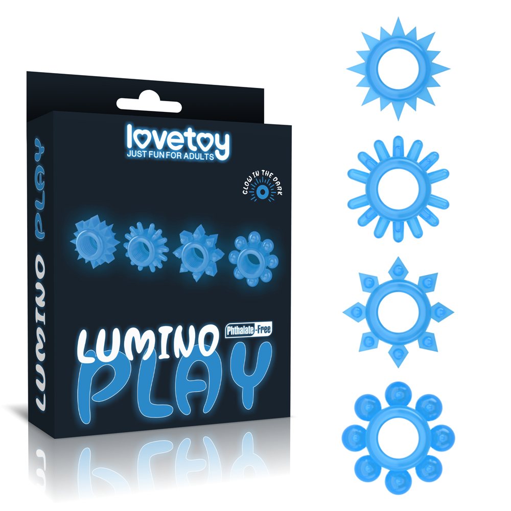 Illuminate your darkest pleasures with Lumino play penis rin... Lovetoy - Lumino Play Ring Set 4 pcs - Blue photo-19