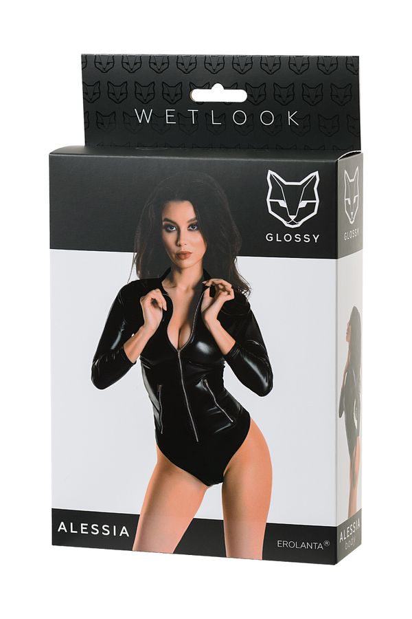 Black sexy bodysuit made of Wetlook material. A metal zipper... Glossy - Alessia Wetlook Bodysuit - Black - M photo-6