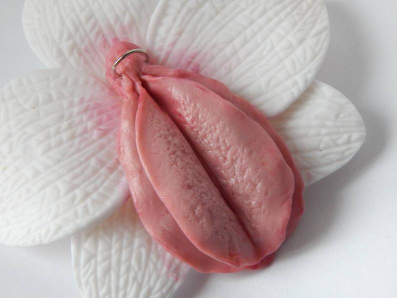 Pink vulva jewelry, Pussy pin, Vulva flower, Yoni brooch, Er... Big White Statement Orchid Vagina Brooch photo-6