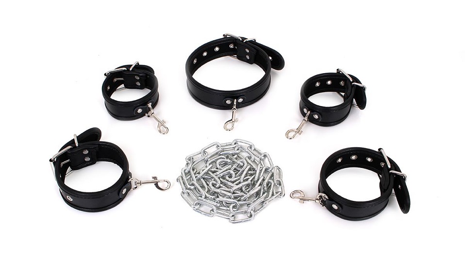 Slave chain bondage, hand and ankle cuffs and a collar. This... Kiotos - Body Restraints Set - Black photo-4