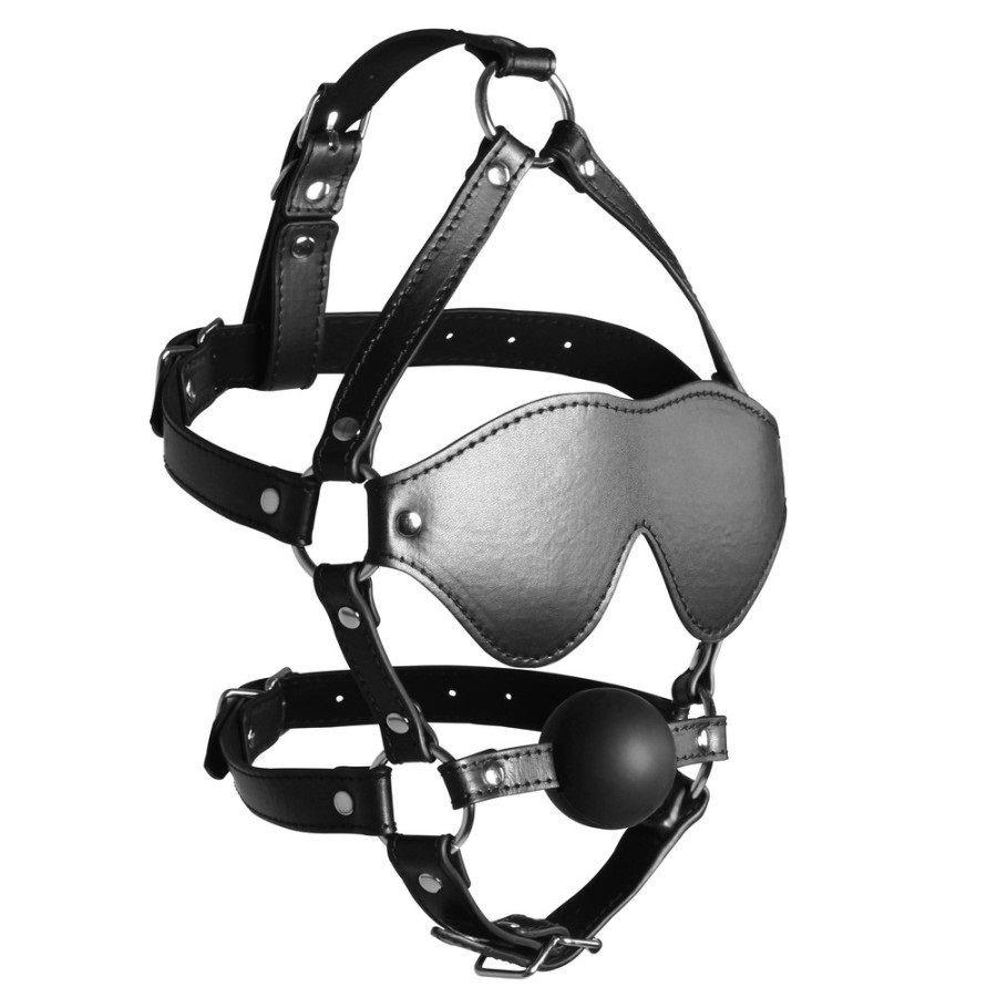 Take away some senses with this Blindfolded Head Harness wit... Ouch - Xtreme Head Harness w Solid Ball Gag - Black photo-2