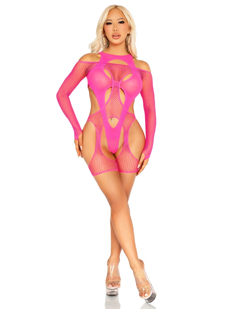 Steal the spotlight in this irresistible 2 PC harness bodysu... Leg Avenue - About Last Night Set - Neon Pink photo-5
