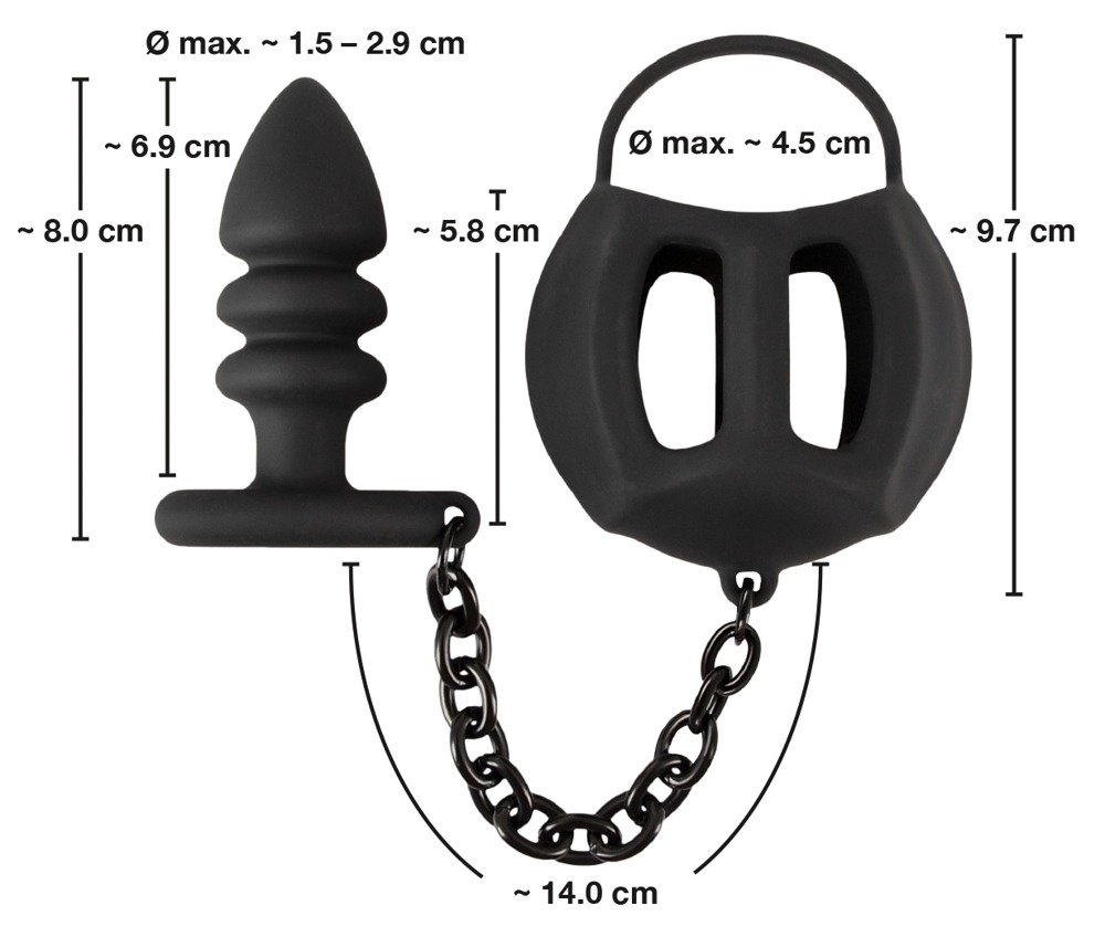 Exciting equipment for penis, balls, anus and perineum!
The ... Black Velvets - Ball Cage w Butt Plug photo-8