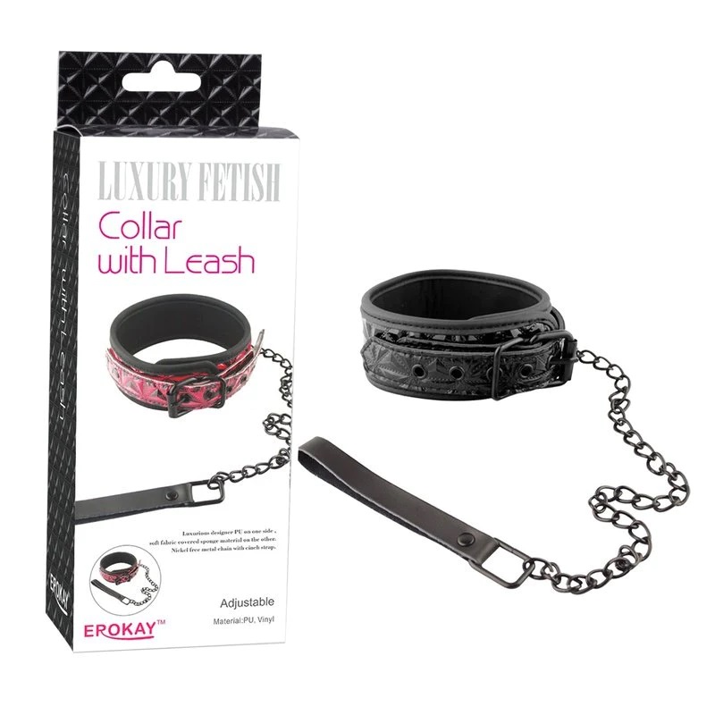 The collar features a sleek and sexy red and black embossed ... Erokay - Pyramid Collar w Leash - Black photo-2