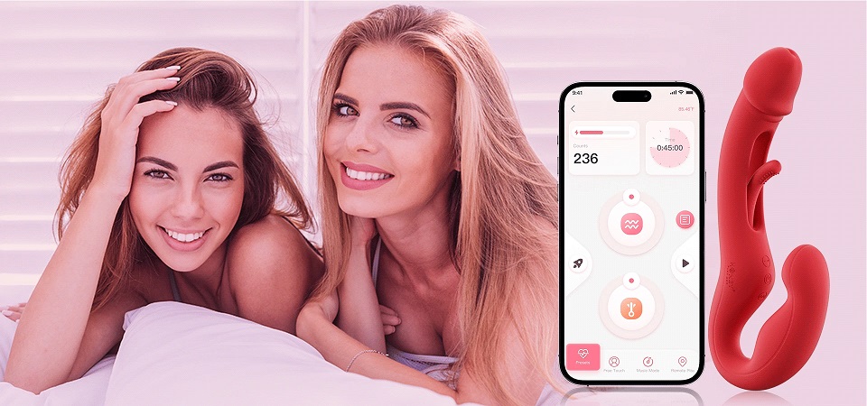 Harmony Duo features two kinds of stimutaion at once. Its sh... Honey Play Box - Harmony Duo App Strapless Strap-On - Blue photo-5