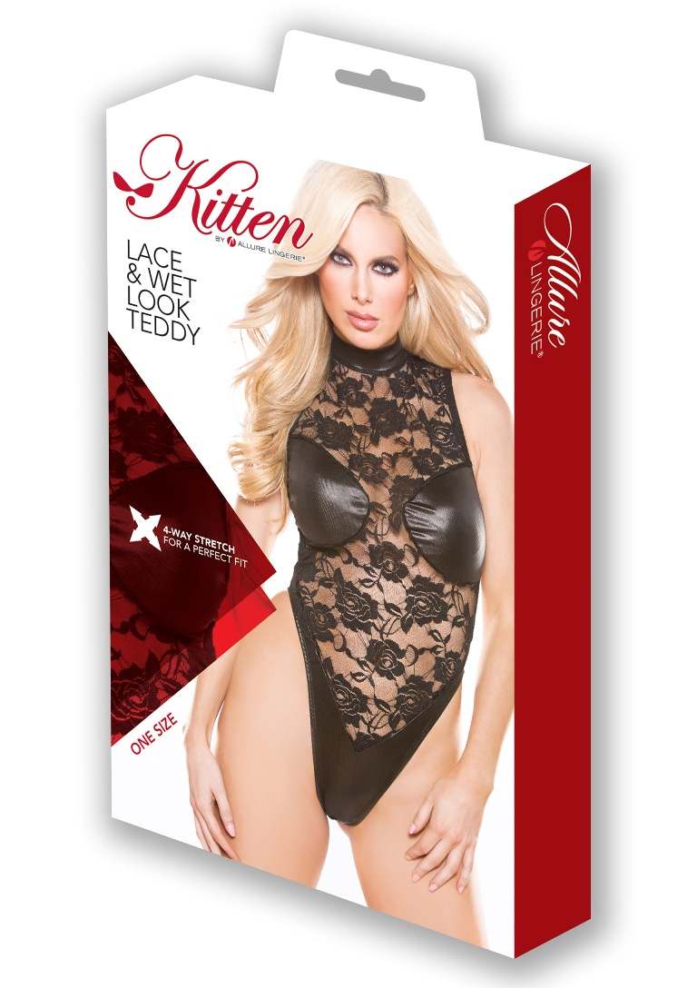 Lace and wet look teddy for an unforgettable experience Allure - Wetlook Teddy - Black photo-4
