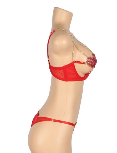 Ohyeah - Chain Heart Mesh Bra Set - Red - M photo