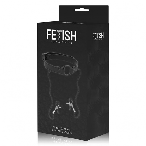 Fetish Submissive - O Ring Gag w Nipple Clips - Black photo
