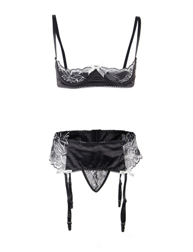 Ohyeah - Open Bra Set w Garter Panty - Black - M photo