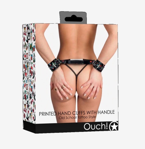 Ouch - Restraint Old School Tattoo Hand Cuffs - Black 照片