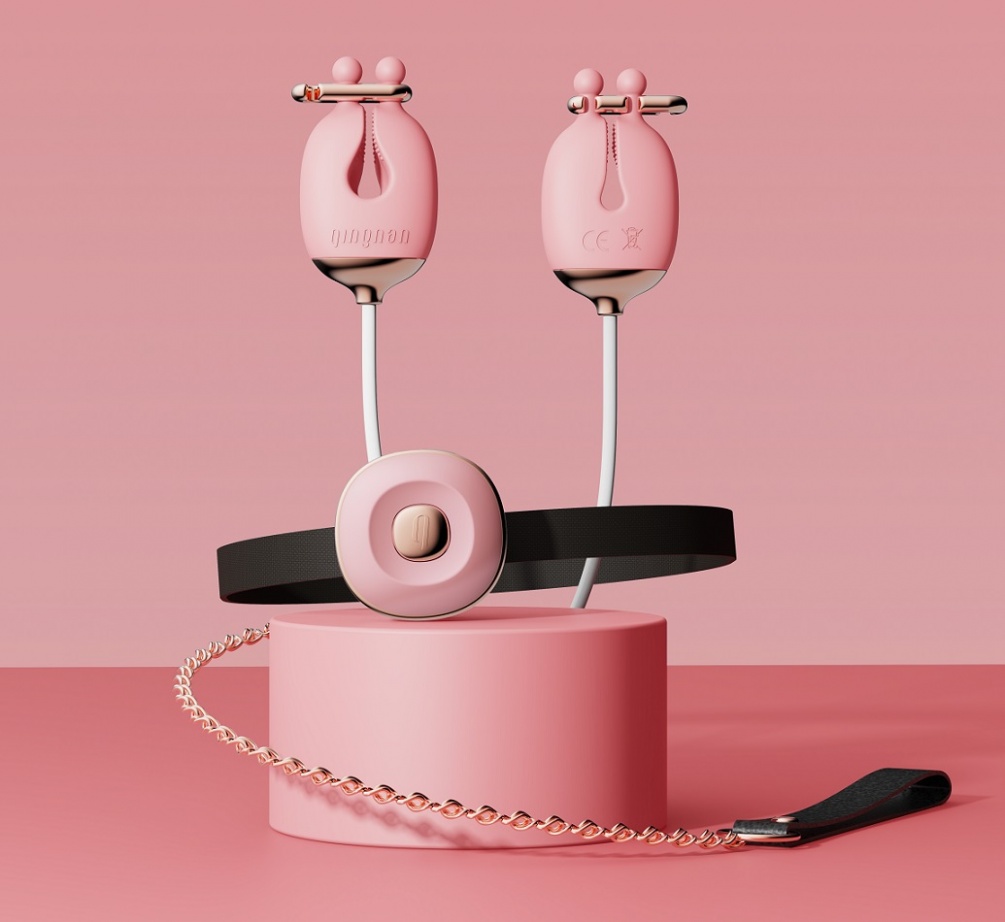 Vibrating Nipple Clamps and Choker set with the controller h... Qingnan - Vibro Nipple Clamps Set #2 - Pink photo-4