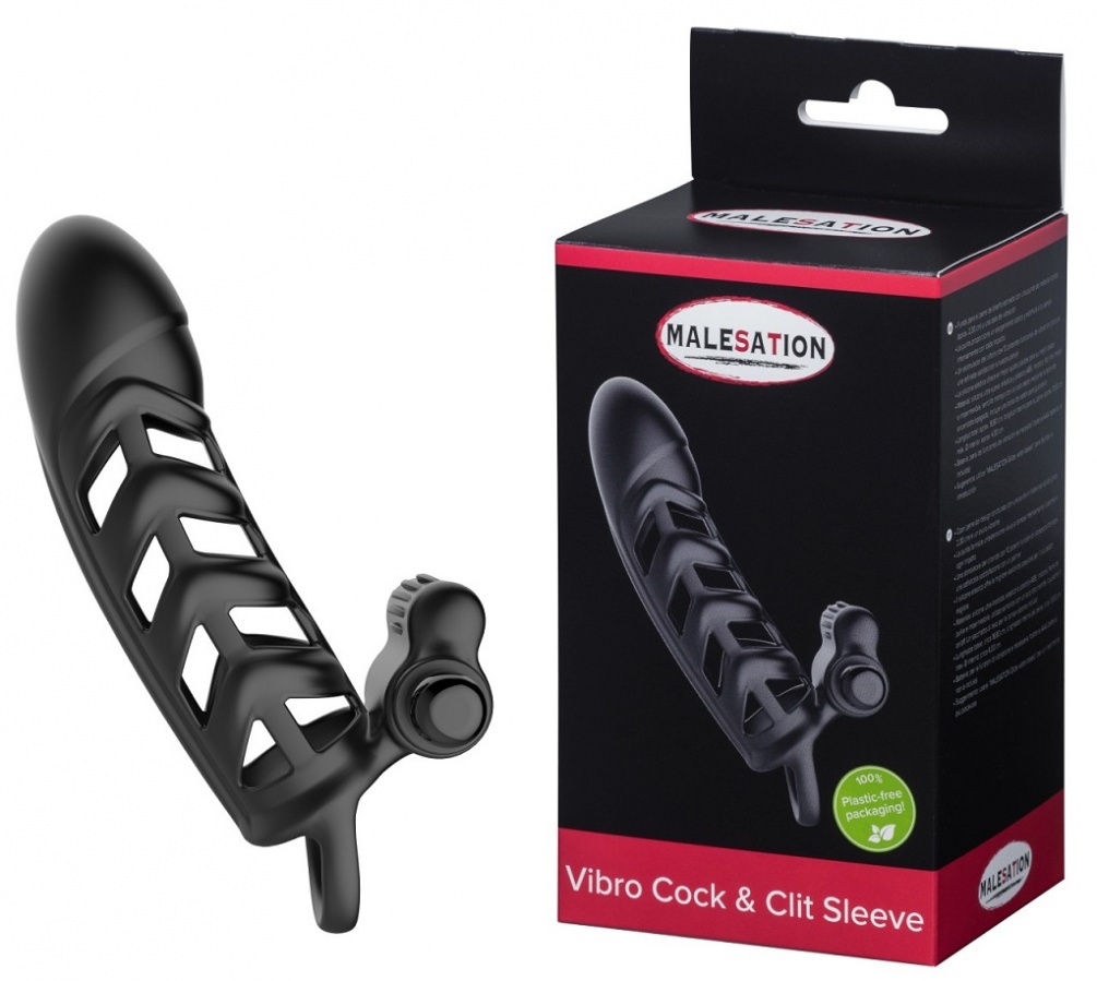 Penis sleeve in a structured design with a tip made of solid... Malesation - Vibro Cock & Clit Sleeve - Black photo-4
