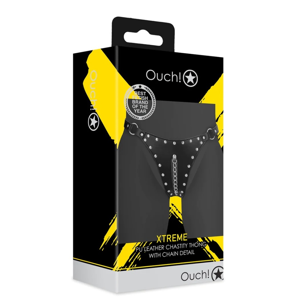 This OUCH! Xtreme PU Leather Chastity Thong with Chain Detai... Ouch - Xtreme Chastity Thong w Chain - Black photo-6