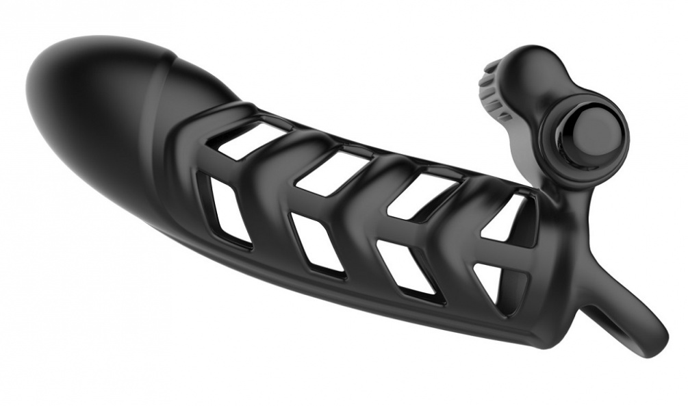 Penis sleeve in a structured design with a tip made of solid... Malesation - Vibro Cock & Clit Sleeve - Black photo-3