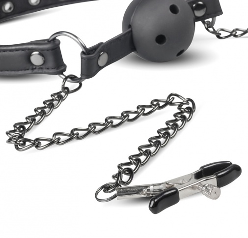 Easytoys - Open Ball Gag w Nipple Clamps - Black photo