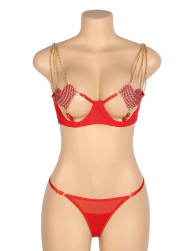 Ohyeah - Chain Heart Mesh Bra Set - Red - M photo