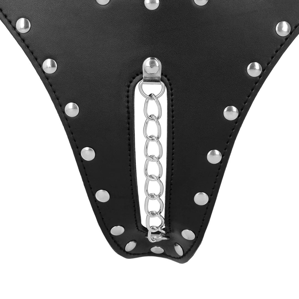 This OUCH! Xtreme PU Leather Chastity Thong with Chain Detai... Ouch - Xtreme Chastity Thong w Chain - Black photo-4