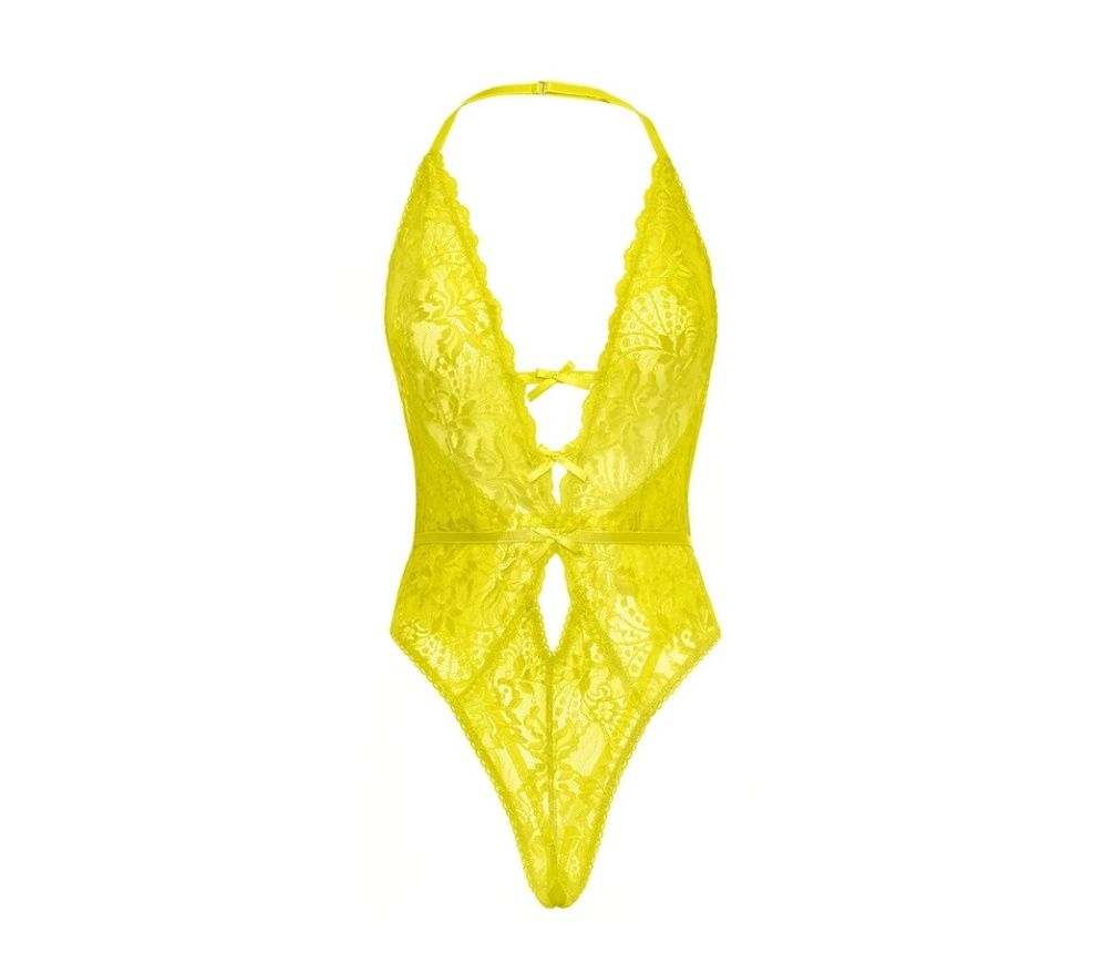 Unleash your playful side with our Lauren Lace Teddy! Featur... Oh La La Cheri - Lauren Crotchless Teddy - Yellow - L/XL photo-4