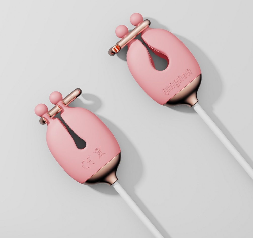 Vibrating Nipple Clamps and Choker set with the controller h... Qingnan - Vibro Nipple Clamps Set #2 - Pink photo-6