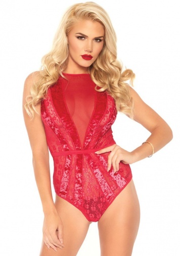 Leg Avenue - Velvet and Lace Starburst Deep-V Teddy - Red - M photo