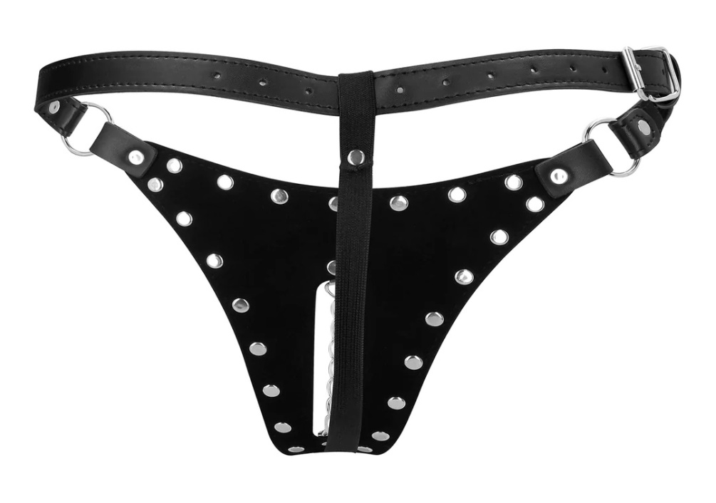This OUCH! Xtreme PU Leather Chastity Thong with Chain Detai... Ouch - Xtreme Chastity Thong w Chain - Black photo-2