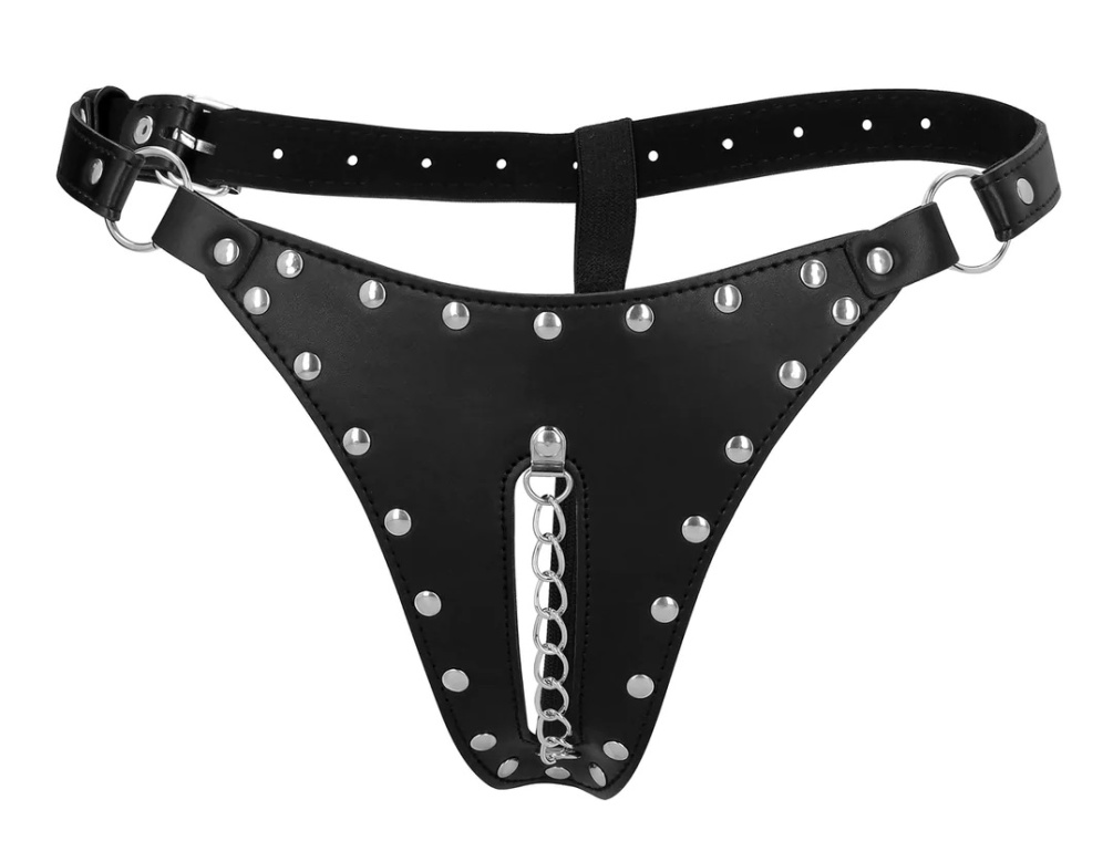 This OUCH! Xtreme PU Leather Chastity Thong with Chain Detai... Ouch - Xtreme Chastity Thong w Chain - Black photo-3