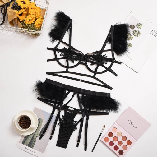 Ohyeah - Feather Underwire Set - Black - M photo