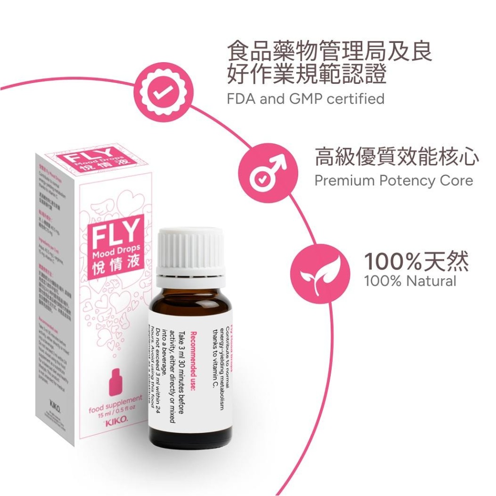 KIKO Fly Mood Drops 采用天然液态配方以支援物理能量及性方面的准备程度。本产品透过左旋精胺酸及维... KIKO - Fly Mood Drops - 15ml 照片-2