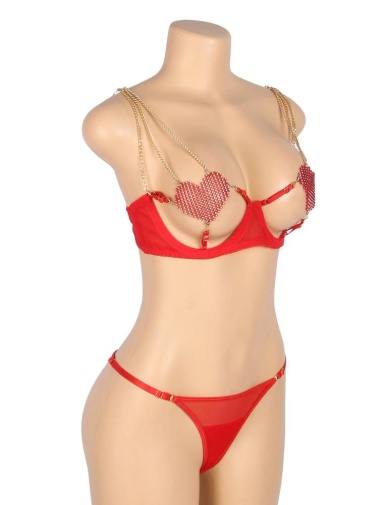 Ohyeah - Chain Heart Mesh Bra Set - Red - M photo